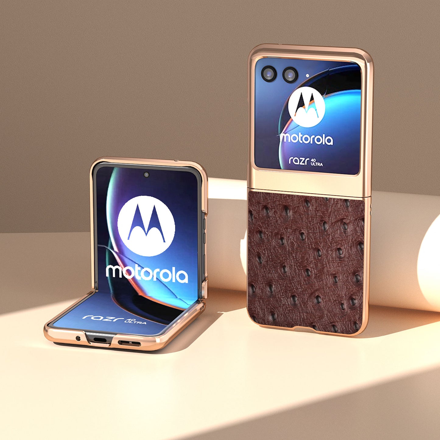 Uniqkart for Motorola Razr 40 Ultra 5G Shockproof Ostrich Texture Case Genuine Cow Leather + PC Electroplating Phone Cover - Coffee