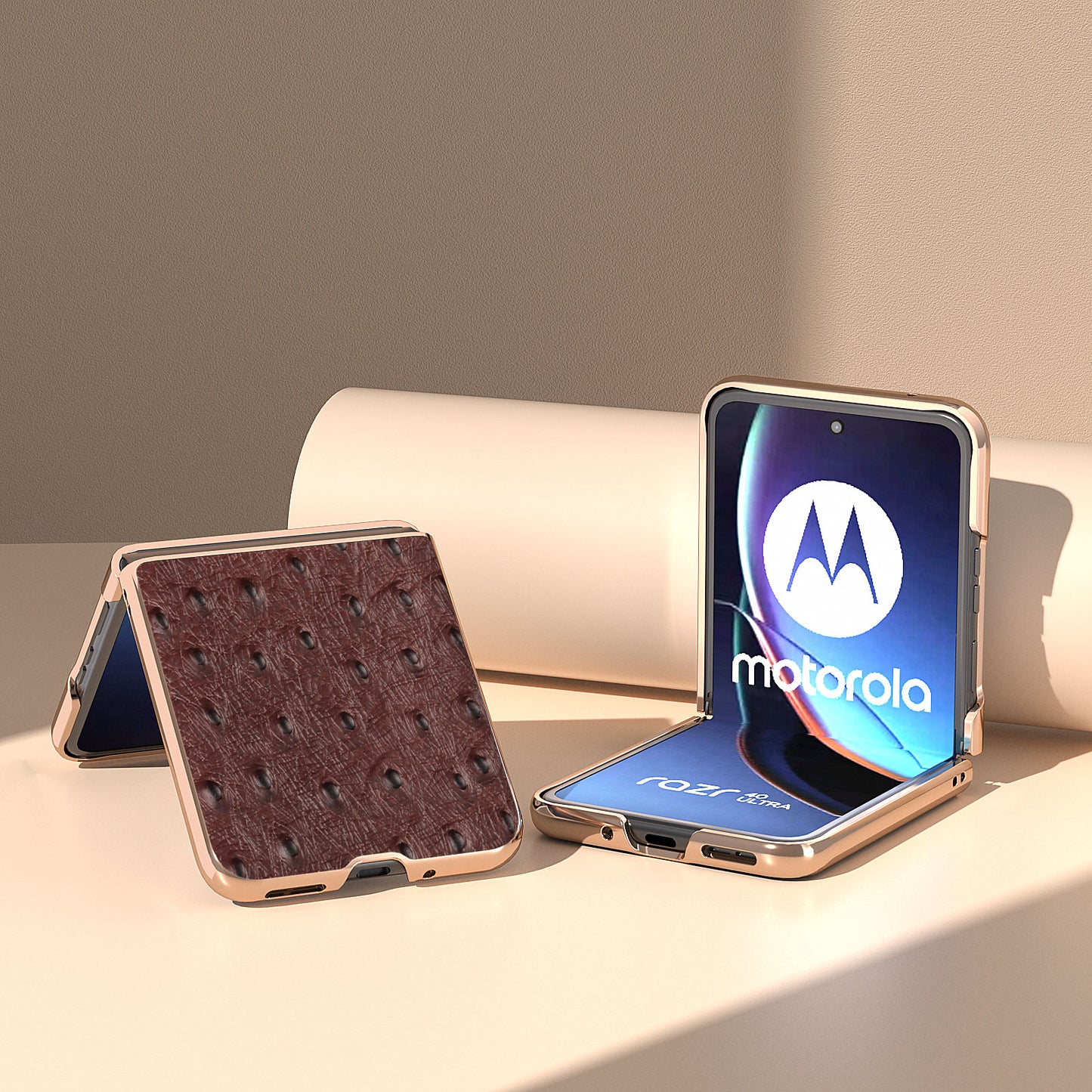 Uniqkart for Motorola Razr 40 Ultra 5G Shockproof Ostrich Texture Case Genuine Cow Leather + PC Electroplating Phone Cover - Coffee
