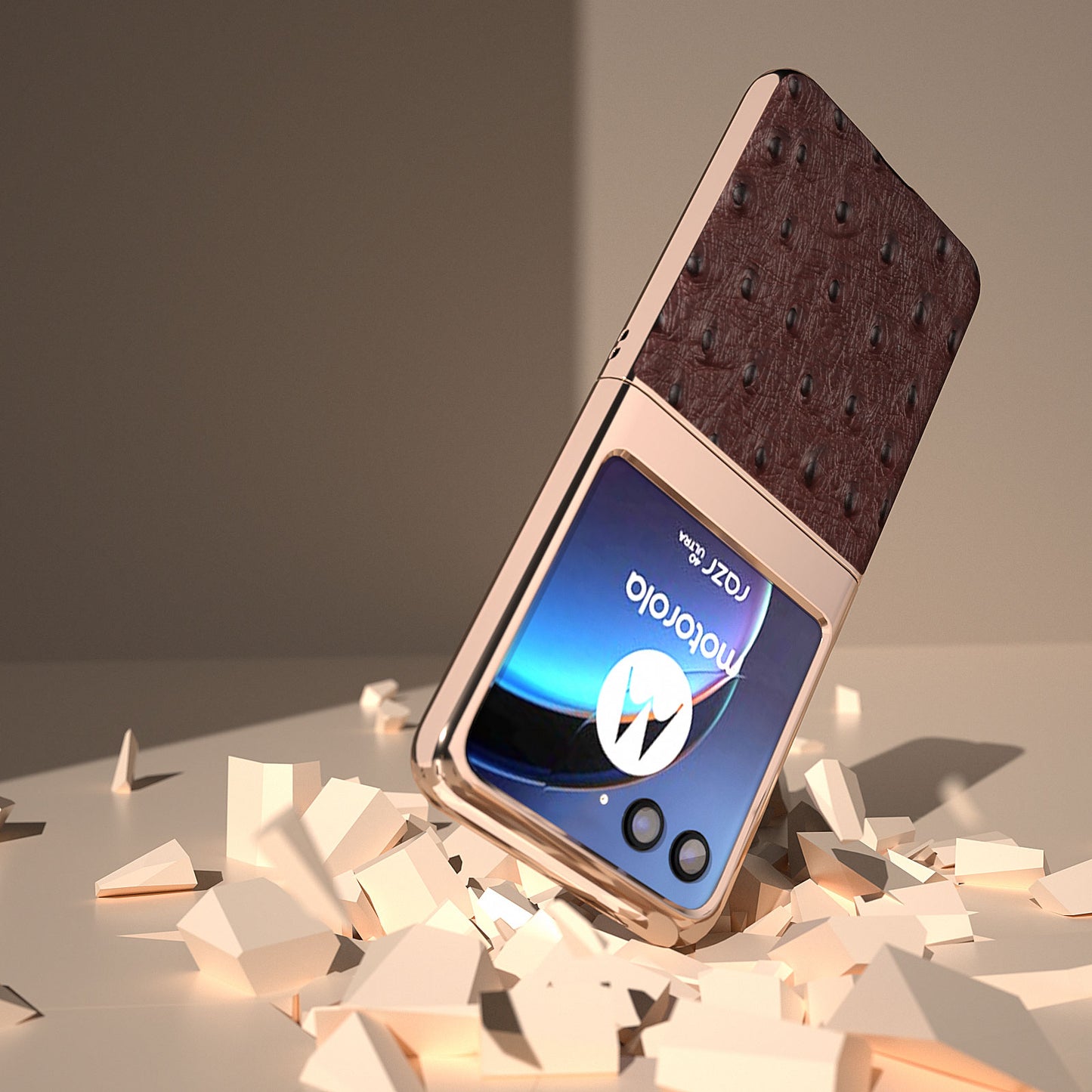 Uniqkart for Motorola Razr 40 Ultra 5G Shockproof Ostrich Texture Case Genuine Cow Leather + PC Electroplating Phone Cover - Coffee