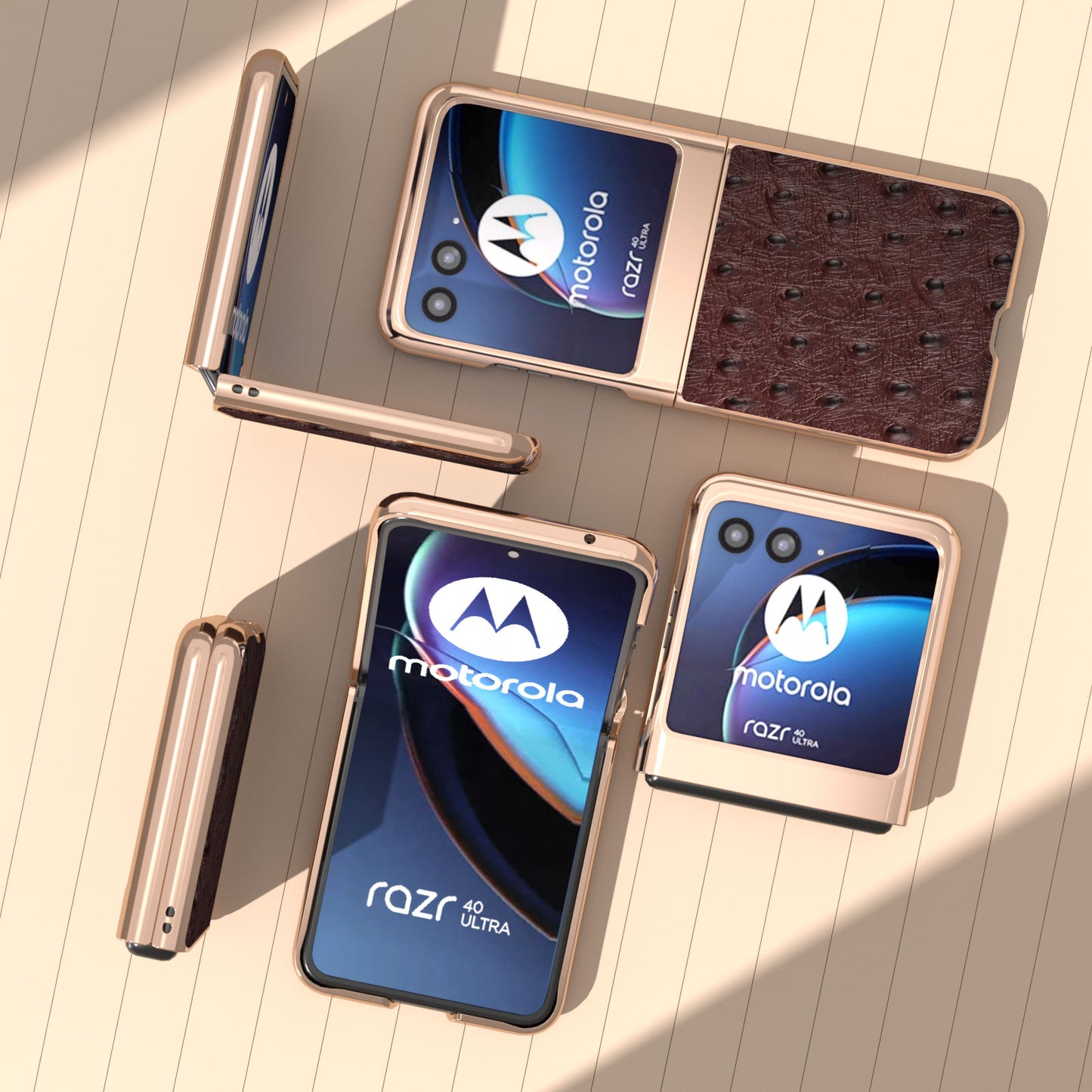 Uniqkart for Motorola Razr 40 Ultra 5G Shockproof Ostrich Texture Case Genuine Cow Leather + PC Electroplating Phone Cover - Coffee