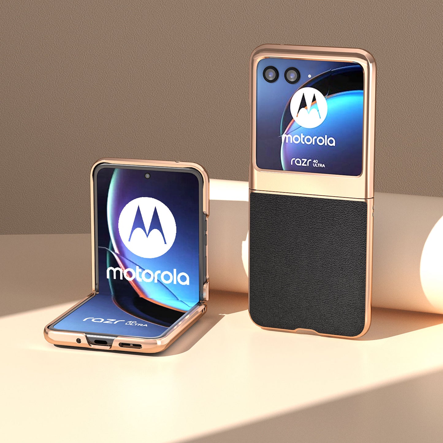 Uniqkart for Motorola Razr 40 Ultra 5G Electroplating Phone Case Genuine Cow Leather + PC Litchi Texture Cover - Black