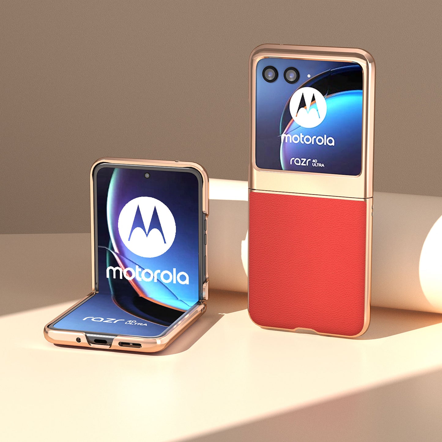 Uniqkart for Motorola Razr 40 Ultra 5G Electroplating Phone Case Genuine Cow Leather + PC Litchi Texture Cover - Red