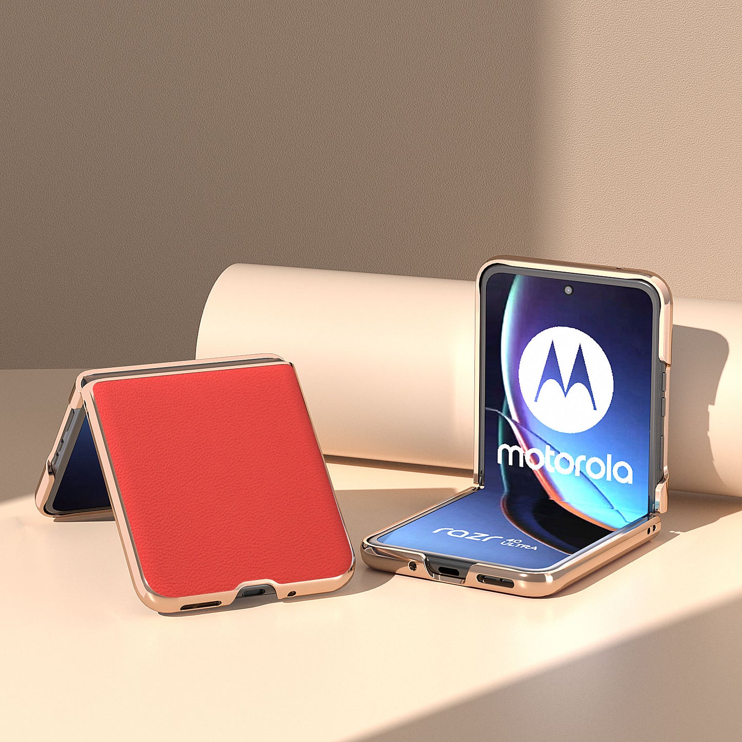 Uniqkart for Motorola Razr 40 Ultra 5G Electroplating Phone Case Genuine Cow Leather + PC Litchi Texture Cover - Red