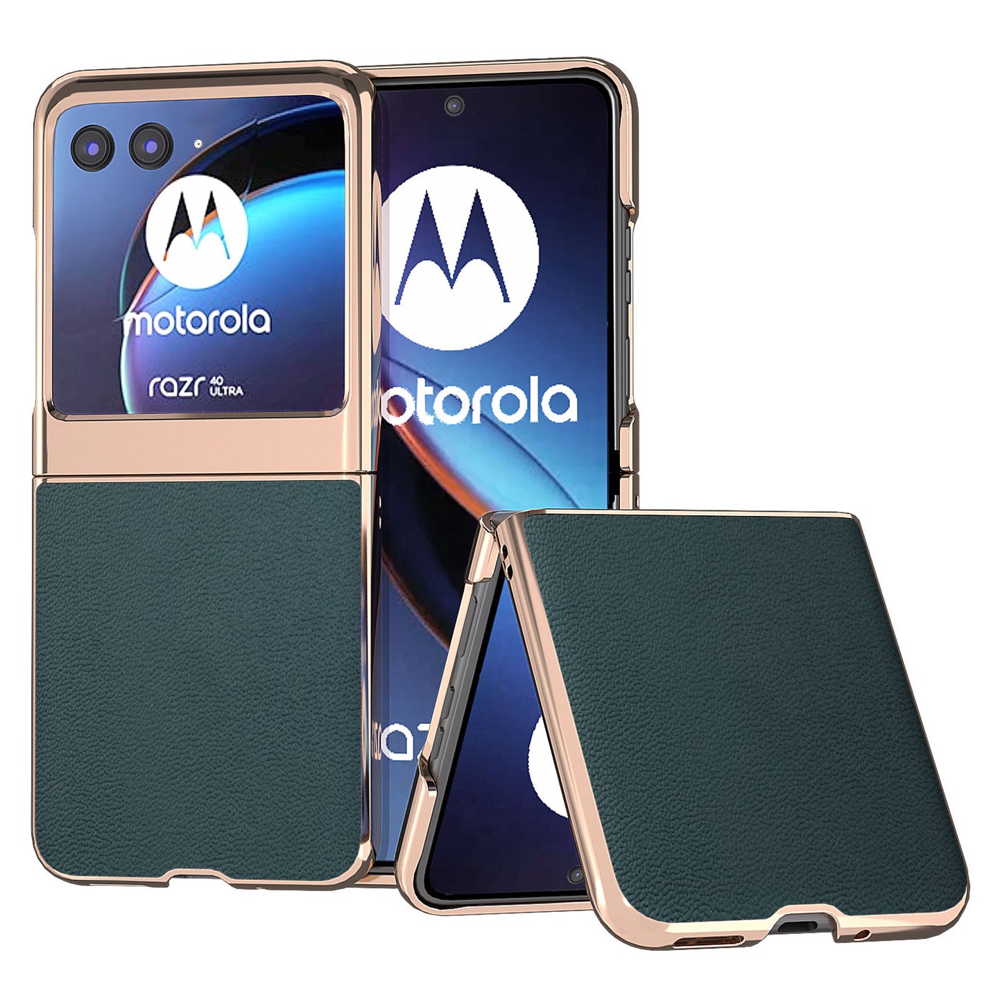 Uniqkart for Motorola Razr 40 Ultra 5G Electroplating Phone Case Genuine Cow Leather + PC Litchi Texture Cover - Midnight Green