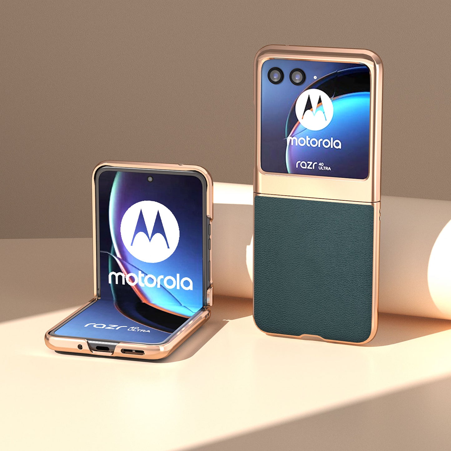 Uniqkart for Motorola Razr 40 Ultra 5G Electroplating Phone Case Genuine Cow Leather + PC Litchi Texture Cover - Midnight Green