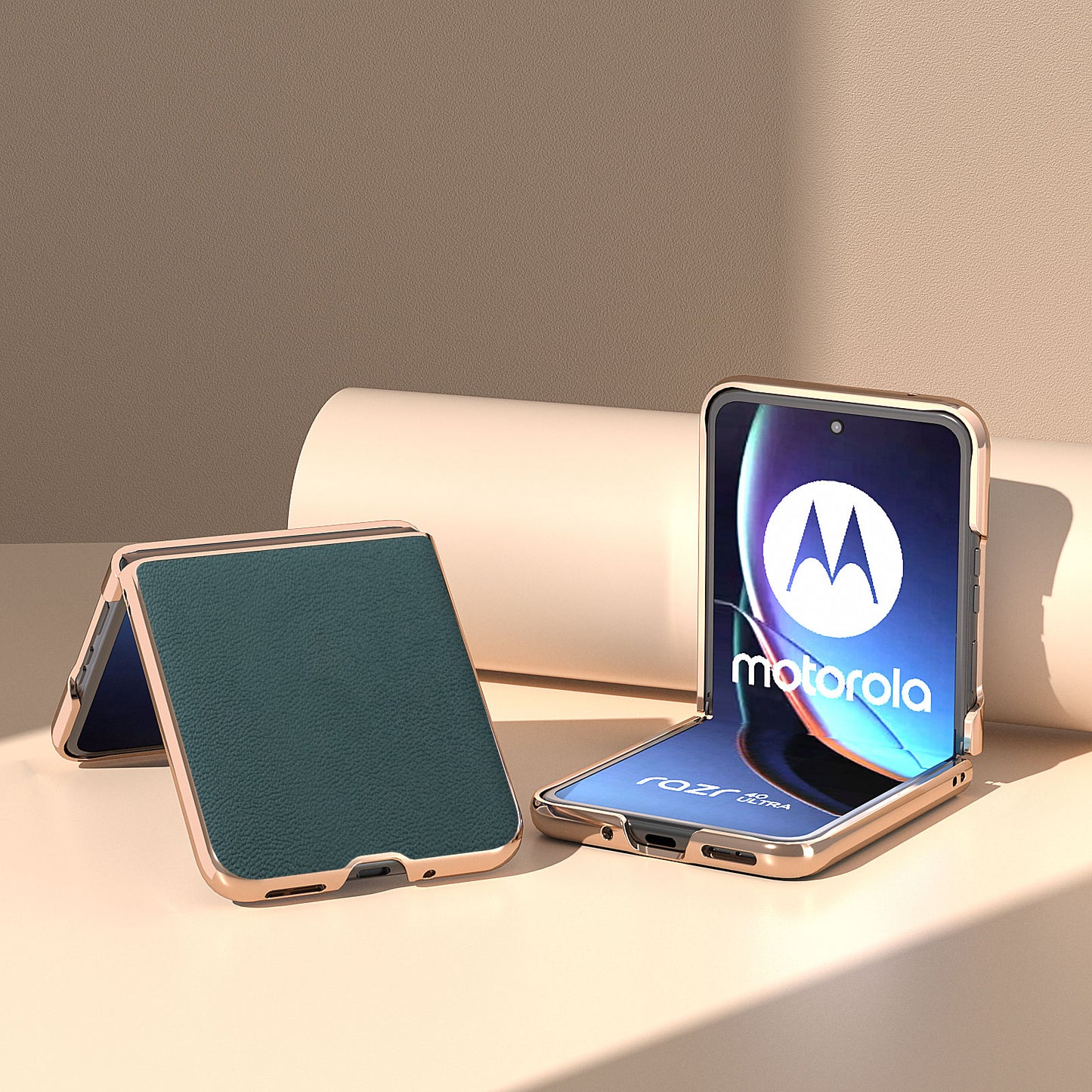 Uniqkart for Motorola Razr 40 Ultra 5G Electroplating Phone Case Genuine Cow Leather + PC Litchi Texture Cover - Midnight Green