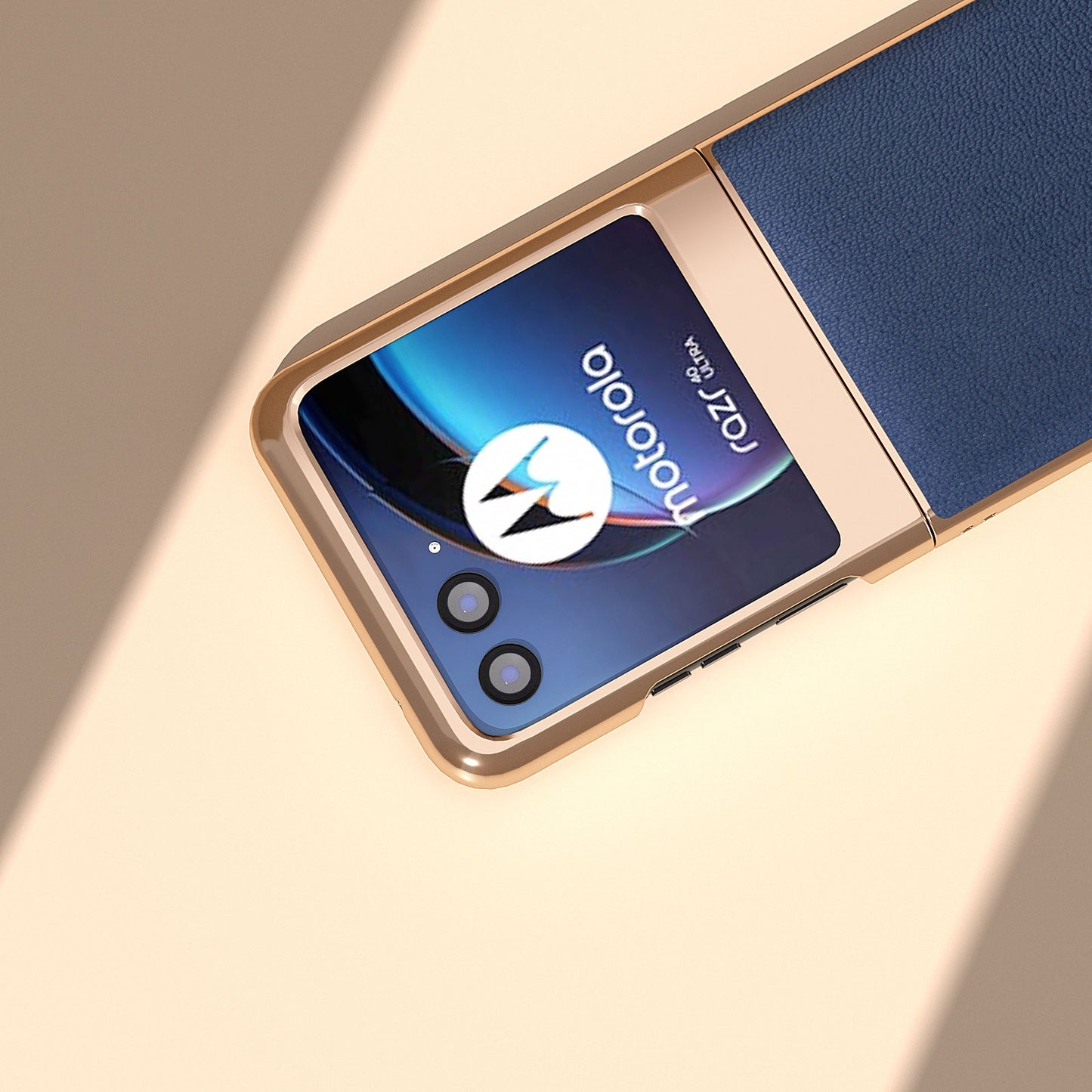 Uniqkart for Motorola Razr 40 Ultra 5G Electroplating Phone Case Genuine Cow Leather + PC Litchi Texture Cover - Blue