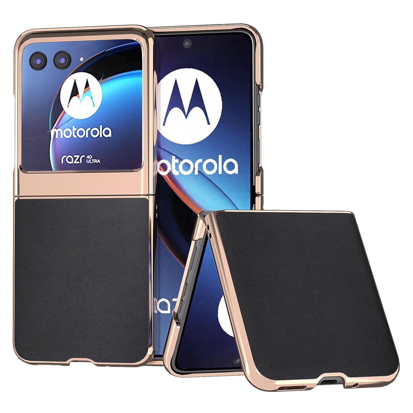 Uniqkart for Motorola Razr 40 Ultra 5G Electroplating Nappa Texture Case Genuine Cow Leather Coated PC Phone Cover - Black