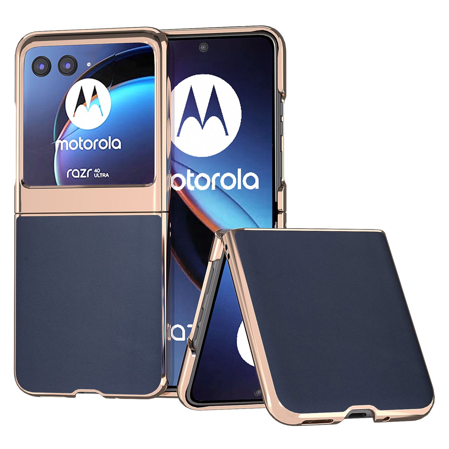 Uniqkart for Motorola Razr 40 Ultra 5G Electroplating Nappa Texture Case Genuine Cow Leather Coated PC Phone Cover - Blue