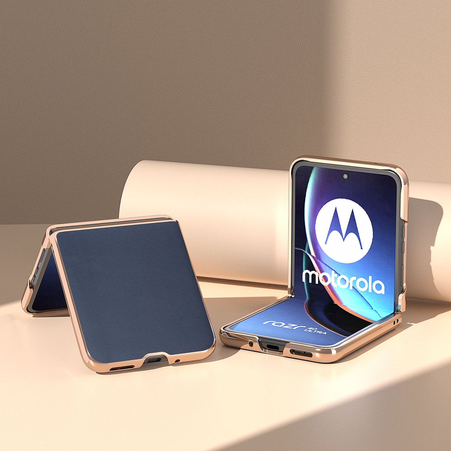 Uniqkart for Motorola Razr 40 Ultra 5G Electroplating Nappa Texture Case Genuine Cow Leather Coated PC Phone Cover - Blue