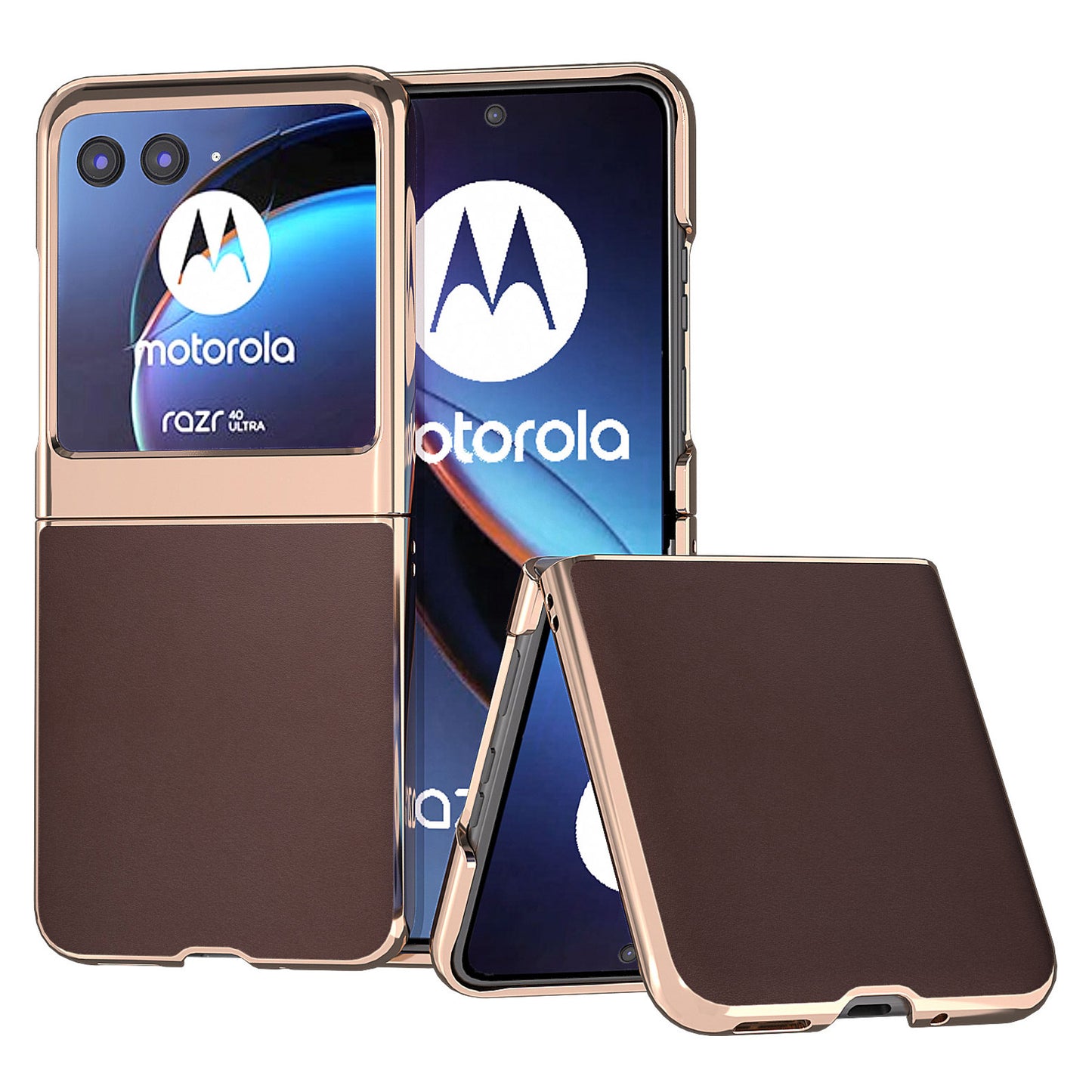 Uniqkart for Motorola Razr 40 Ultra 5G Electroplating Nappa Texture Case Genuine Cow Leather Coated PC Phone Cover - Coffee