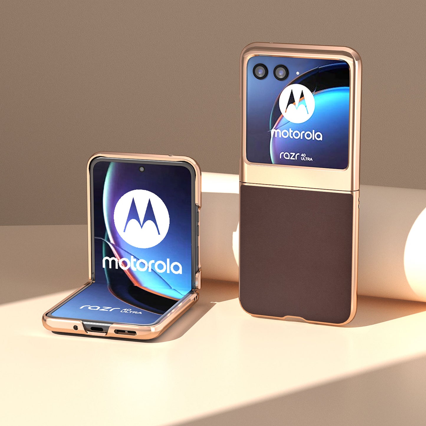 Uniqkart for Motorola Razr 40 Ultra 5G Electroplating Nappa Texture Case Genuine Cow Leather Coated PC Phone Cover - Coffee