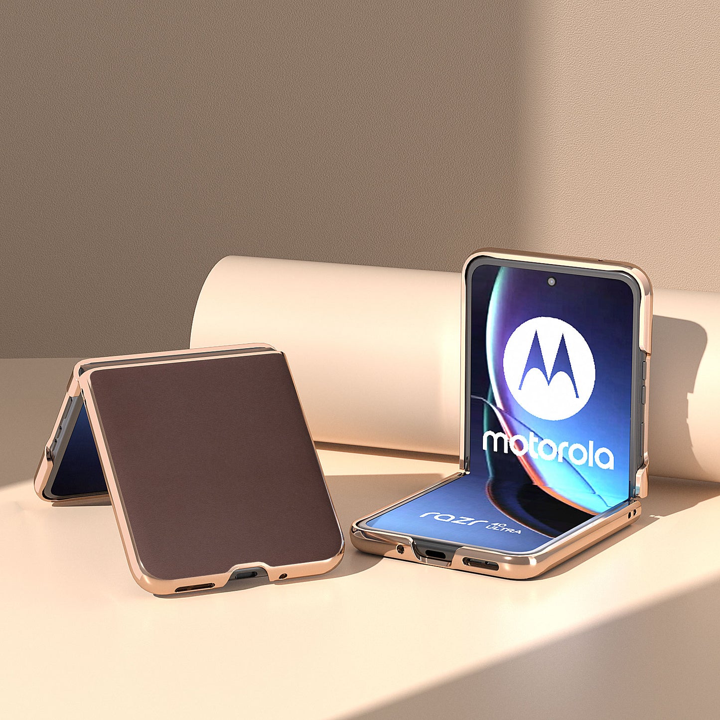 Uniqkart for Motorola Razr 40 Ultra 5G Electroplating Nappa Texture Case Genuine Cow Leather Coated PC Phone Cover - Coffee