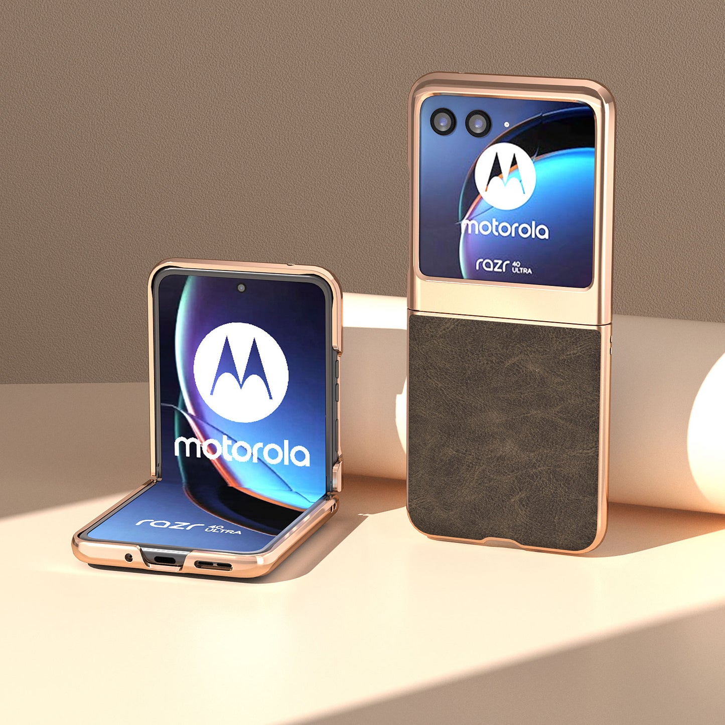 Uniqkart for Motorola Razr 40 Ultra 5G Phone Case Electroplating PU Leather + PC Litchi Texture Cover - Khaki