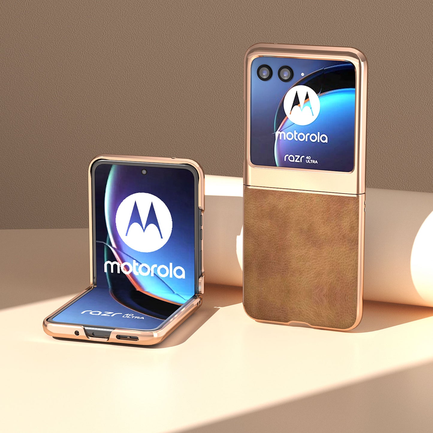 Uniqkart for Motorola Razr 40 Ultra 5G Retro Litchi Texture Phone Case PU Leather Coated PC Electroplating Cover - Brown