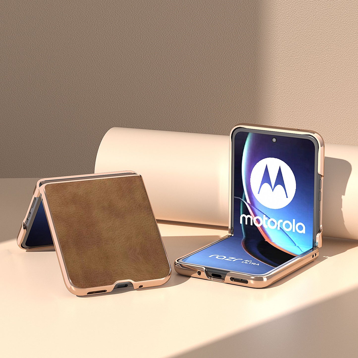 Uniqkart for Motorola Razr 40 Ultra 5G Retro Litchi Texture Phone Case PU Leather Coated PC Electroplating Cover - Brown