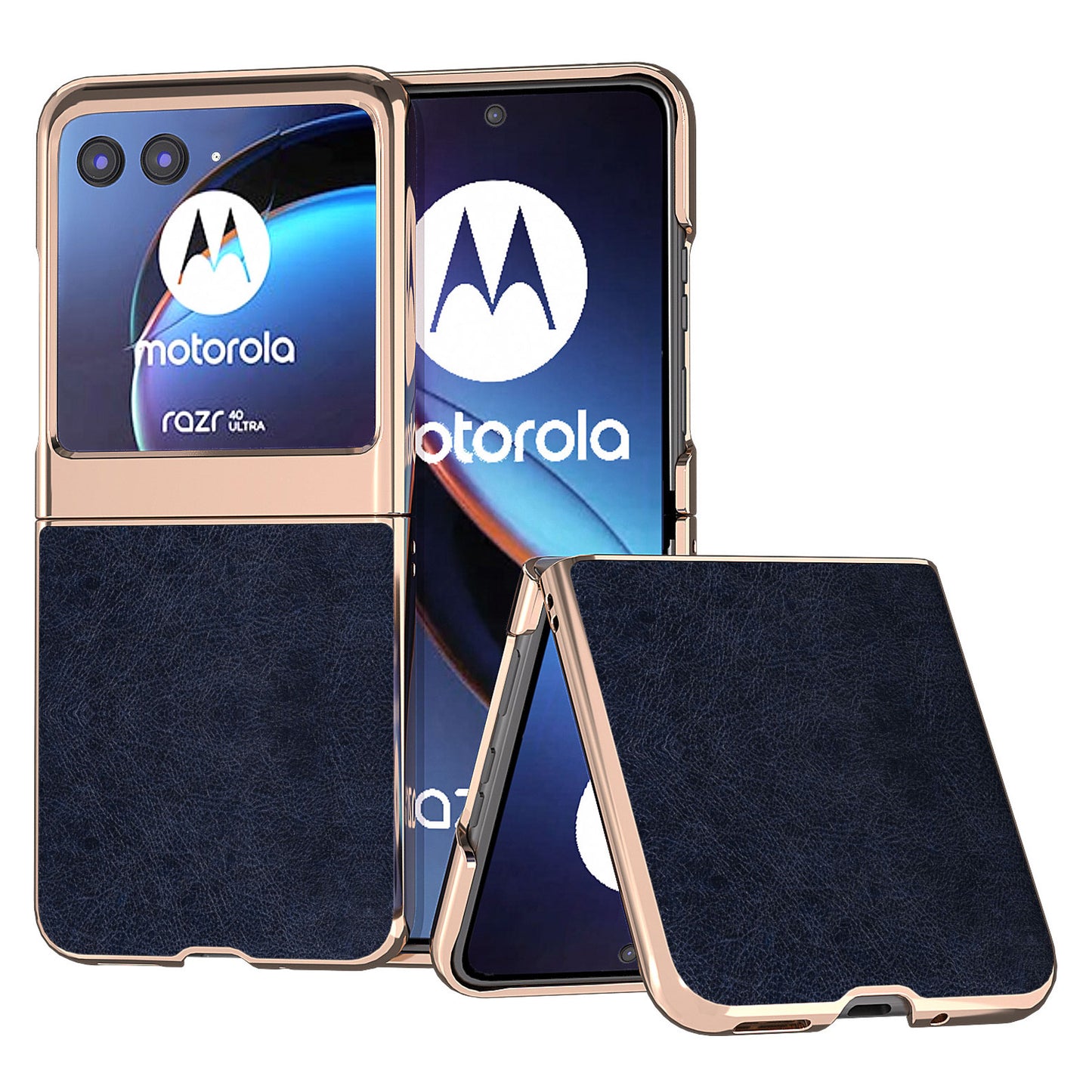 Uniqkart for Motorola Razr 40 Ultra 5G Retro Litchi Texture Phone Case PU Leather Coated PC Electroplating Cover - Blue