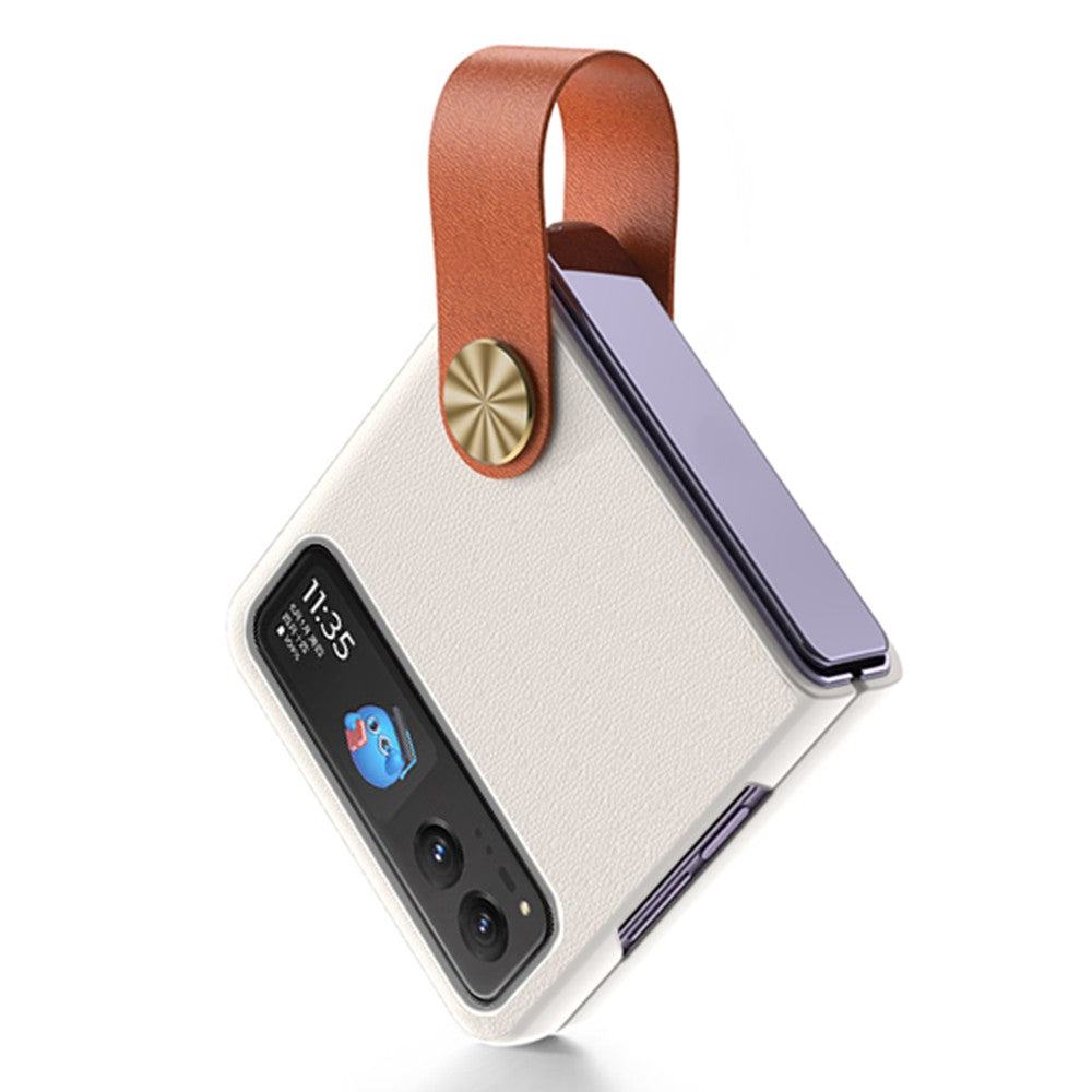 Uniqkart For Motorola Razr 40 5G Strap Kickstand Phone Case PU Leather Coated Hard PC Protective Cover - White / Brown