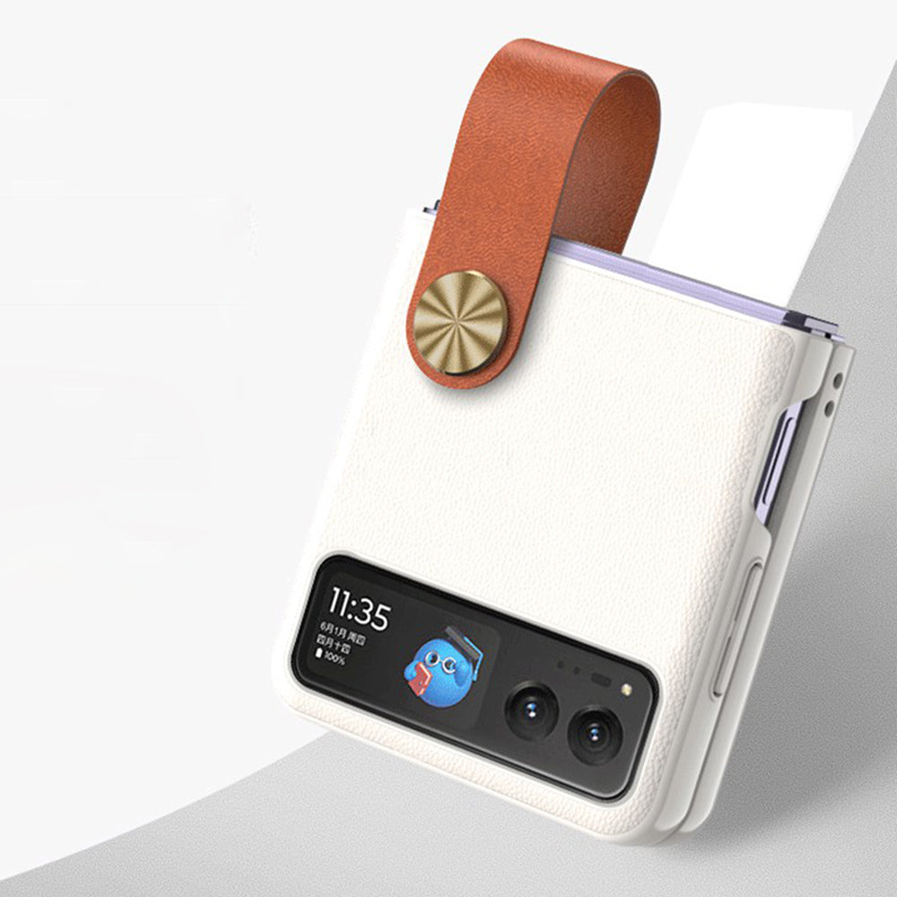 Uniqkart For Motorola Razr 40 5G Strap Kickstand Phone Case PU Leather Coated Hard PC Protective Cover - White / Brown