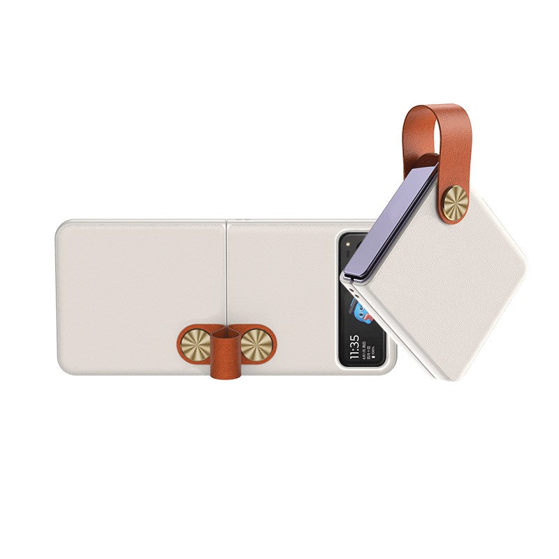 Uniqkart For Motorola Razr 40 5G Strap Kickstand Phone Case PU Leather Coated Hard PC Protective Cover - White / Brown