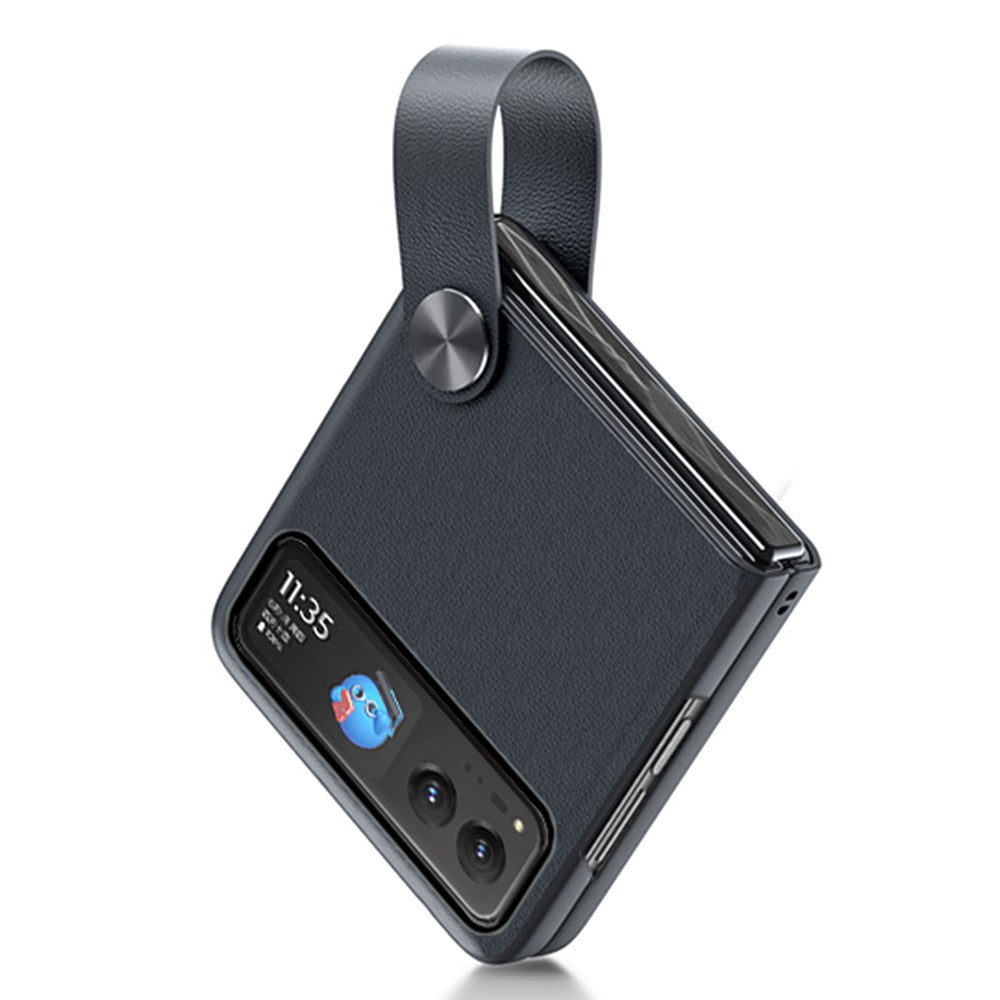 Uniqkart For Motorola Razr 40 5G Strap Kickstand Phone Case PU Leather Coated Hard PC Protective Cover - Black