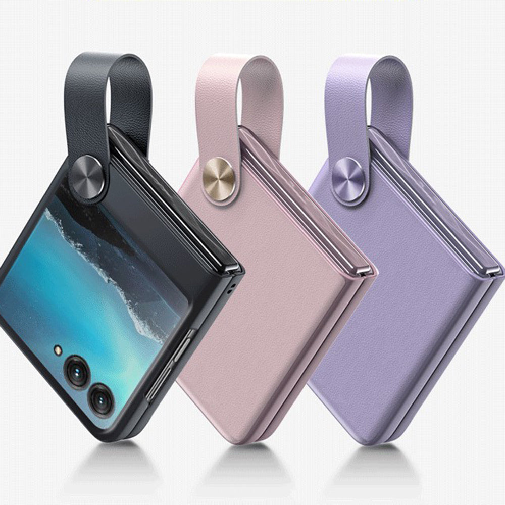 Uniqkart For Motorola Razr 40 5G Strap Kickstand Phone Case PU Leather Coated Hard PC Protective Cover - Purple