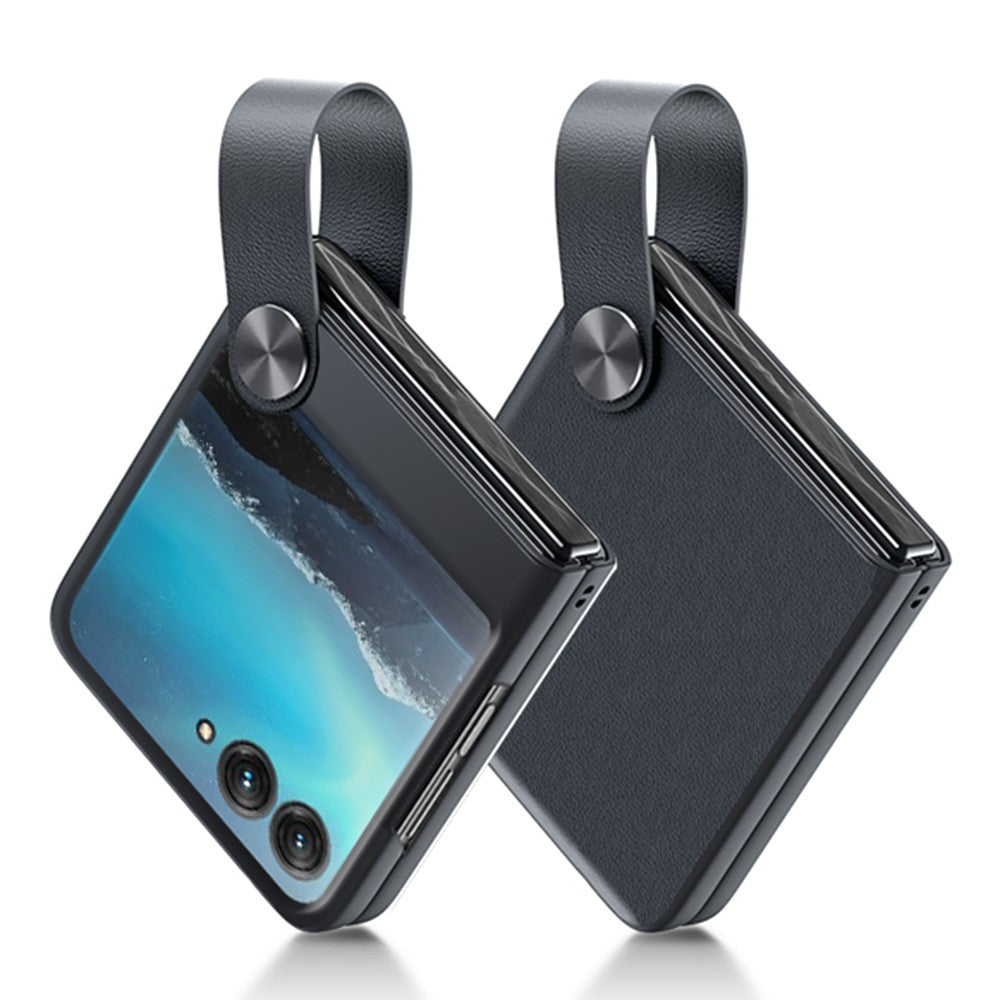 Uniqkart Shockproof Phone Case for Motorola Razr 40 Ultra 5G PU Leather Coated Hard PC Phone Cover with Strap Kickstand - Black
