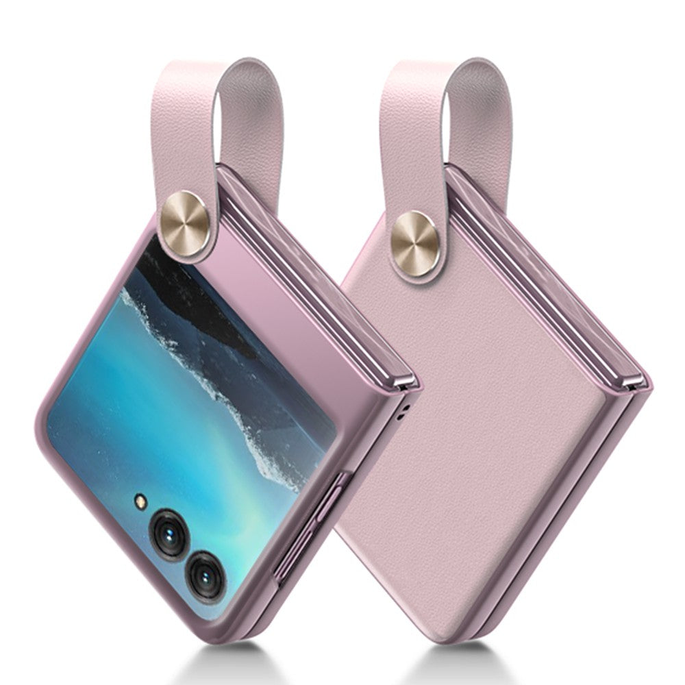 Uniqkart Shockproof Phone Case for Motorola Razr 40 Ultra 5G PU Leather Coated Hard PC Phone Cover with Strap Kickstand - Pink