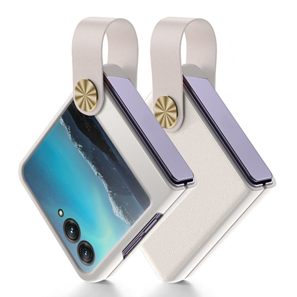 Uniqkart Shockproof Phone Case for Motorola Razr 40 Ultra 5G PU Leather Coated Hard PC Phone Cover with Strap Kickstand - White