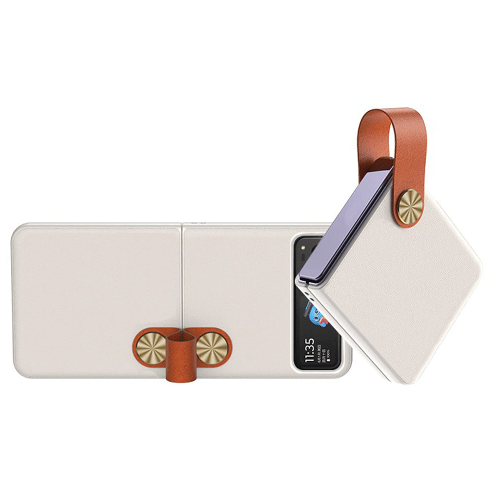 Uniqkart Shockproof Phone Case for Motorola Razr 40 Ultra 5G PU Leather Coated Hard PC Phone Cover with Strap Kickstand - White