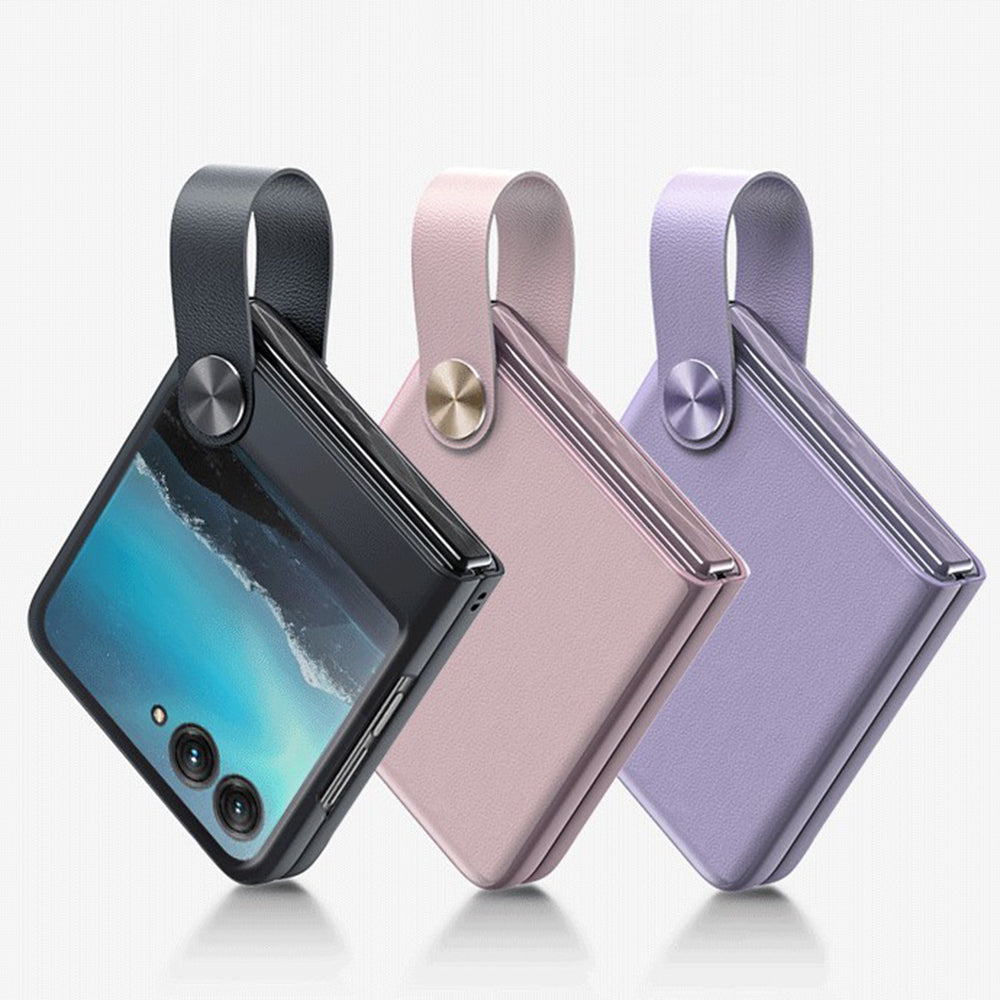 Uniqkart Shockproof Phone Case for Motorola Razr 40 Ultra 5G PU Leather Coated Hard PC Phone Cover with Strap Kickstand - White