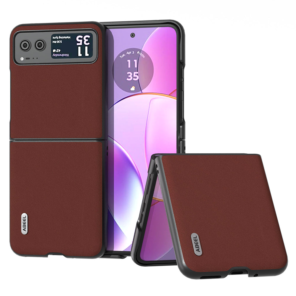 Uniqkart For Motorola Razr 40 5G Soft Silky Feeling Phone Case Cowhide Leather + PC Anti-Scratch Cover - Coffee
