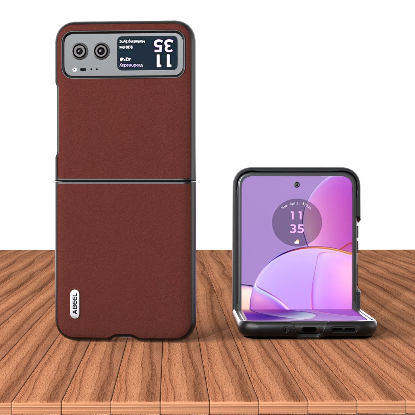 Uniqkart For Motorola Razr 40 5G Soft Silky Feeling Phone Case Cowhide Leather + PC Anti-Scratch Cover - Coffee