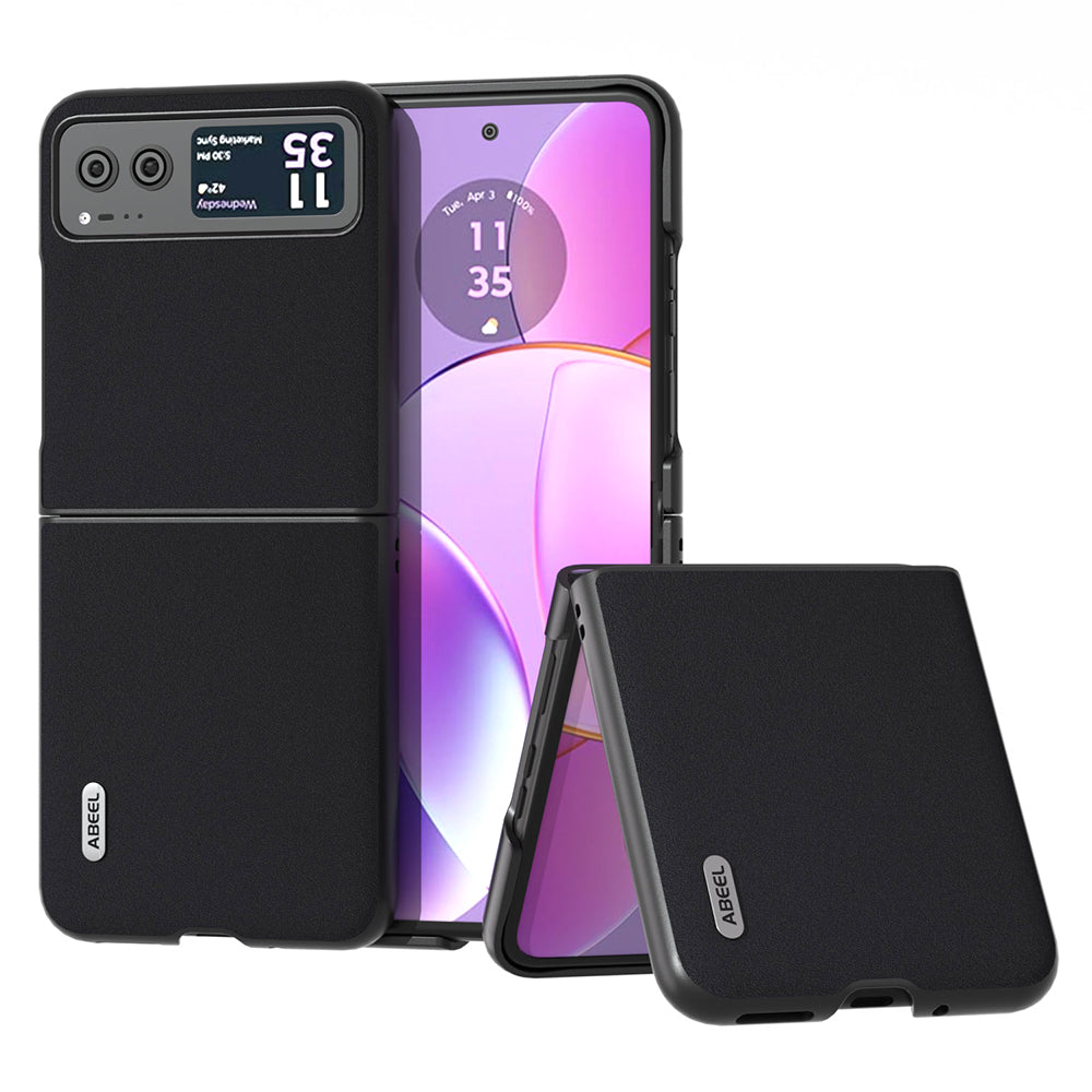 Uniqkart For Motorola Razr 40 5G Soft Silky Feeling Phone Case Cowhide Leather + PC Anti-Scratch Cover - Black