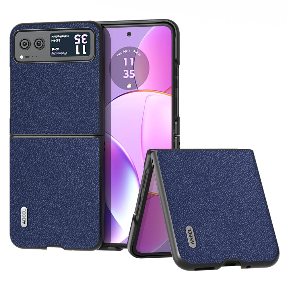 Uniqkart For Motorola Razr 40 5G Litchi Texture Shockproof Phone Case Cowhide Leather + PC Back Cover - Blue
