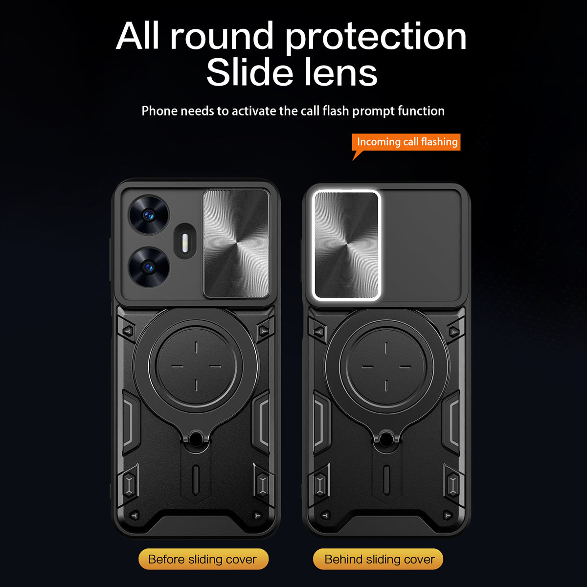 Uniqkart for Realme C55 PC+TPU Kickstand Cover Slide Camera Window Protection Phone Case - Black