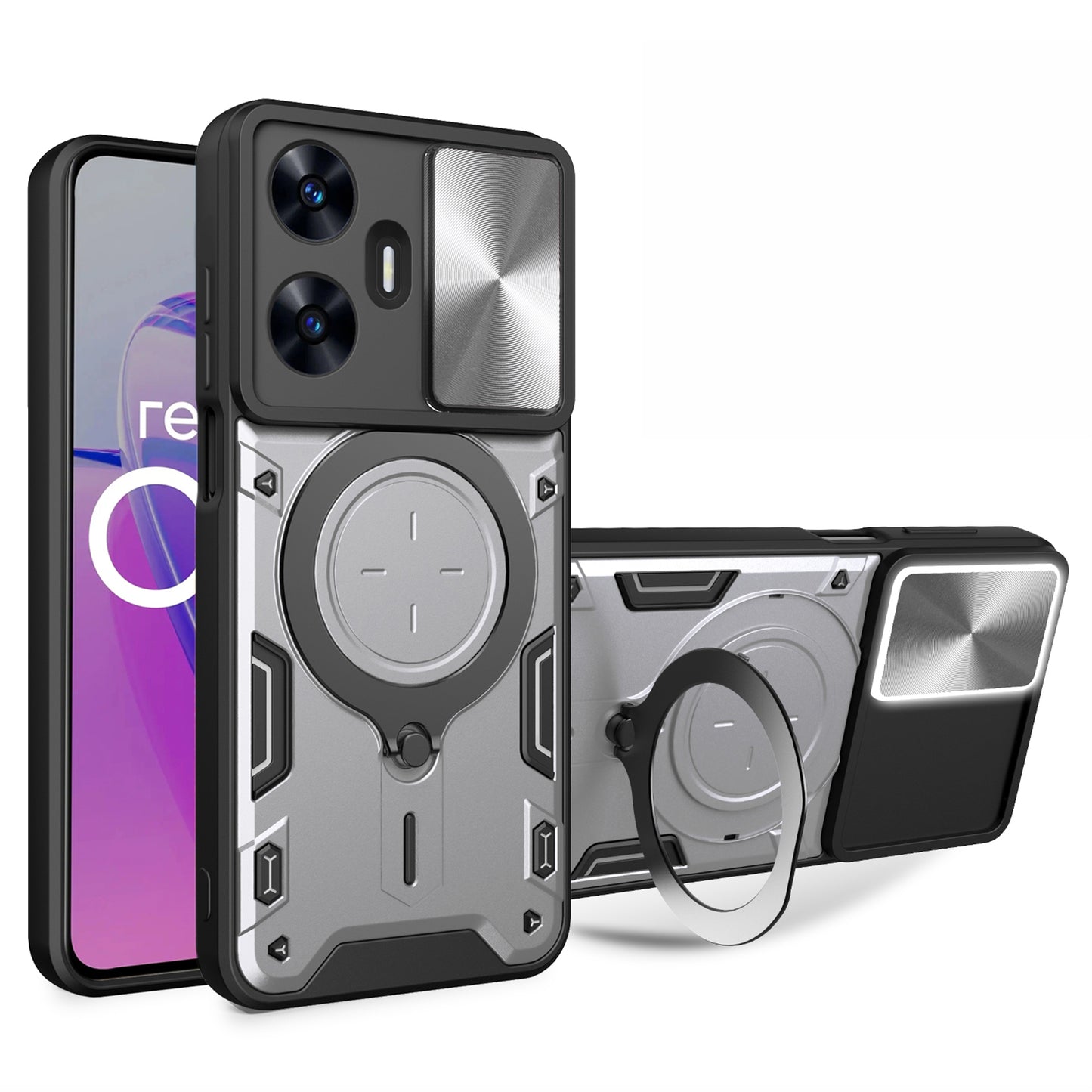 Uniqkart for Realme C55 PC+TPU Kickstand Cover Slide Camera Window Protection Phone Case - Silver