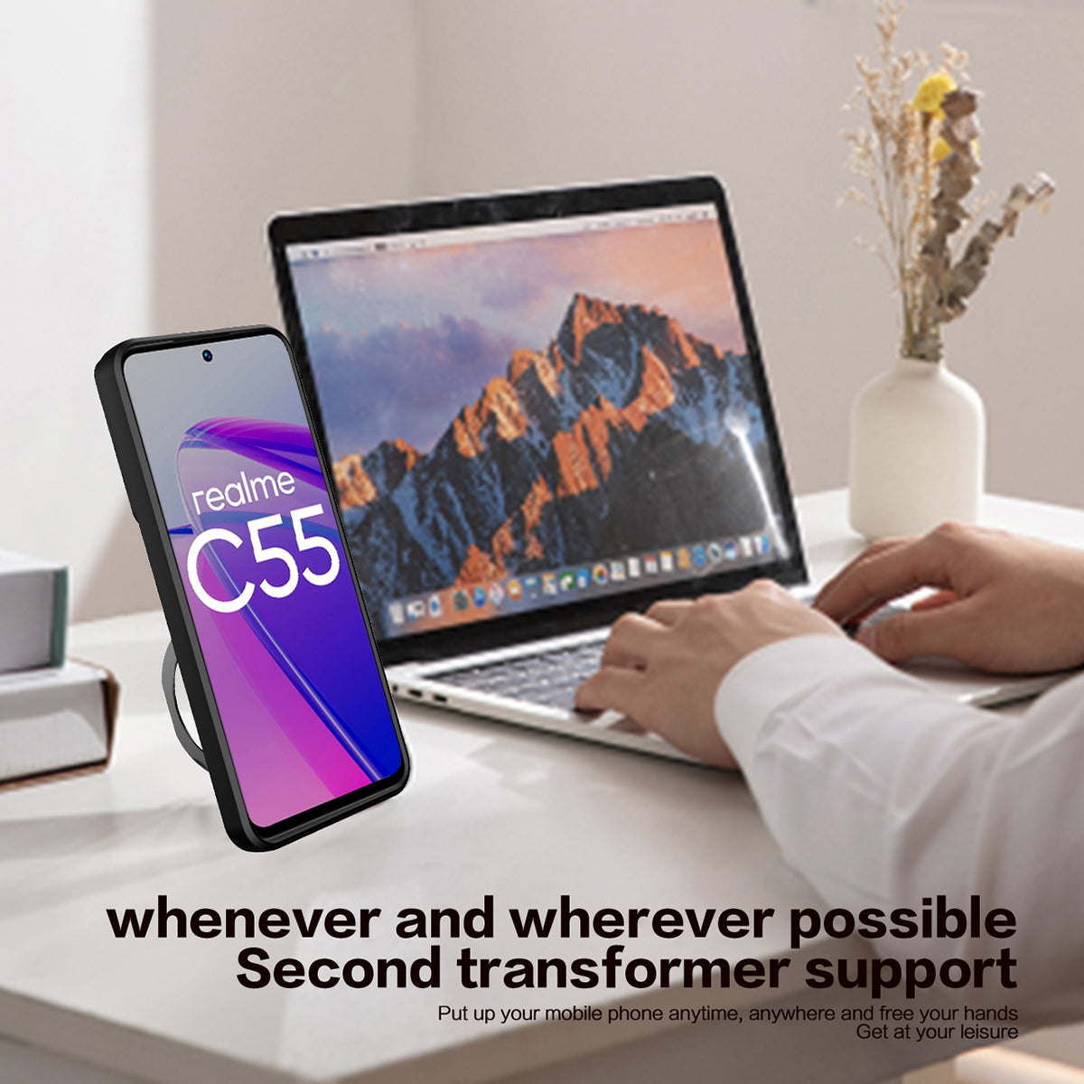 Uniqkart for Realme C55 PC+TPU Kickstand Cover Slide Camera Window Protection Phone Case - Silver