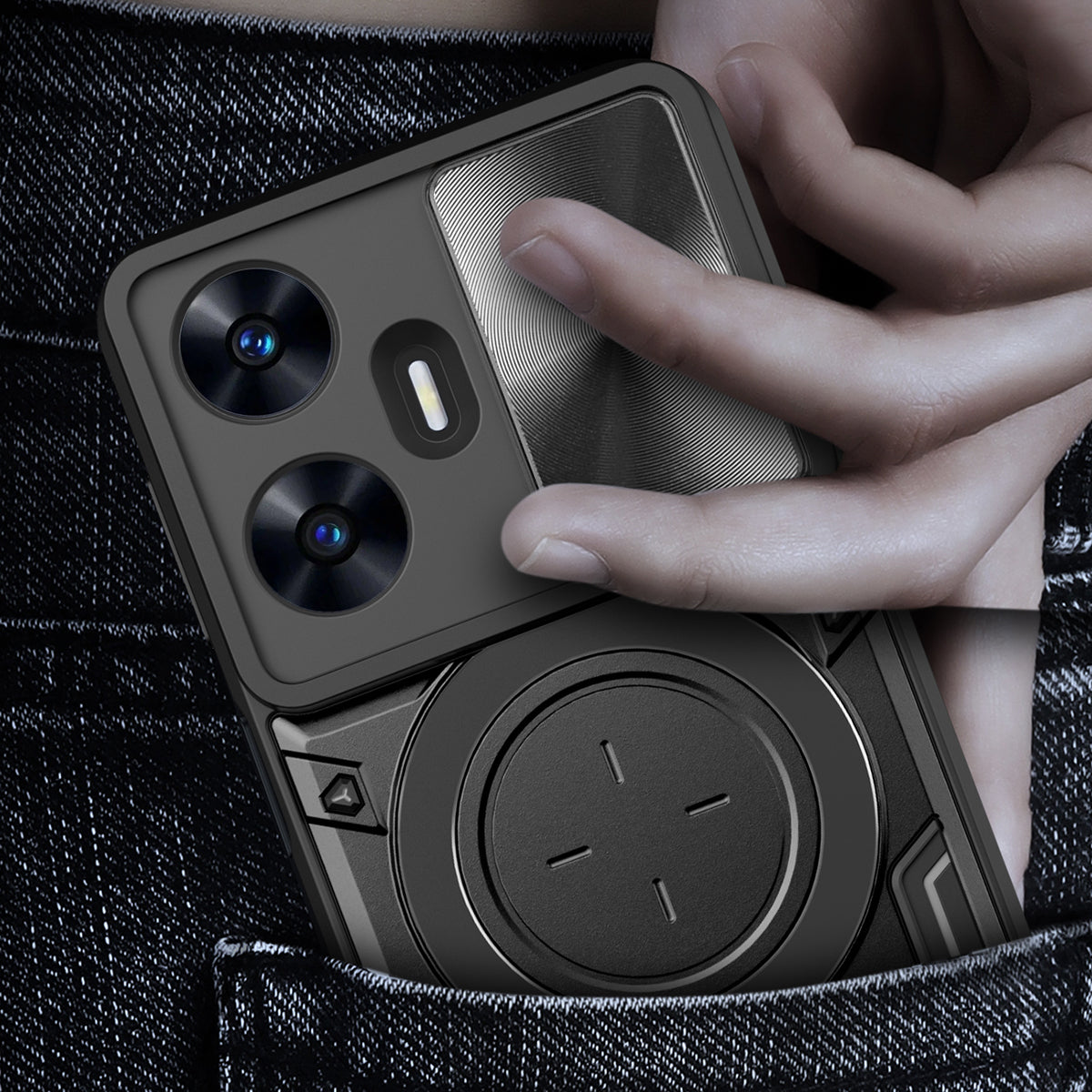 Uniqkart for Realme C55 PC+TPU Kickstand Cover Slide Camera Window Protection Phone Case - Silver