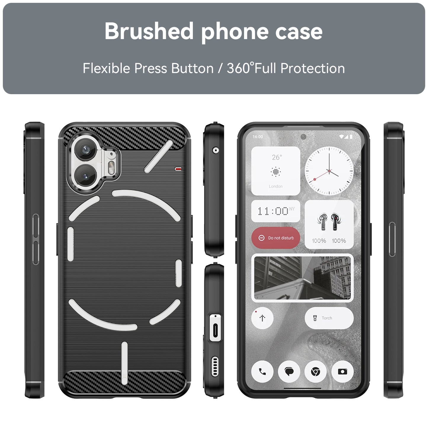 Uniqkart for Nothing Phone (2) Brushed Phone Case Carbon Fiber Texture TPU Back Cover - Black