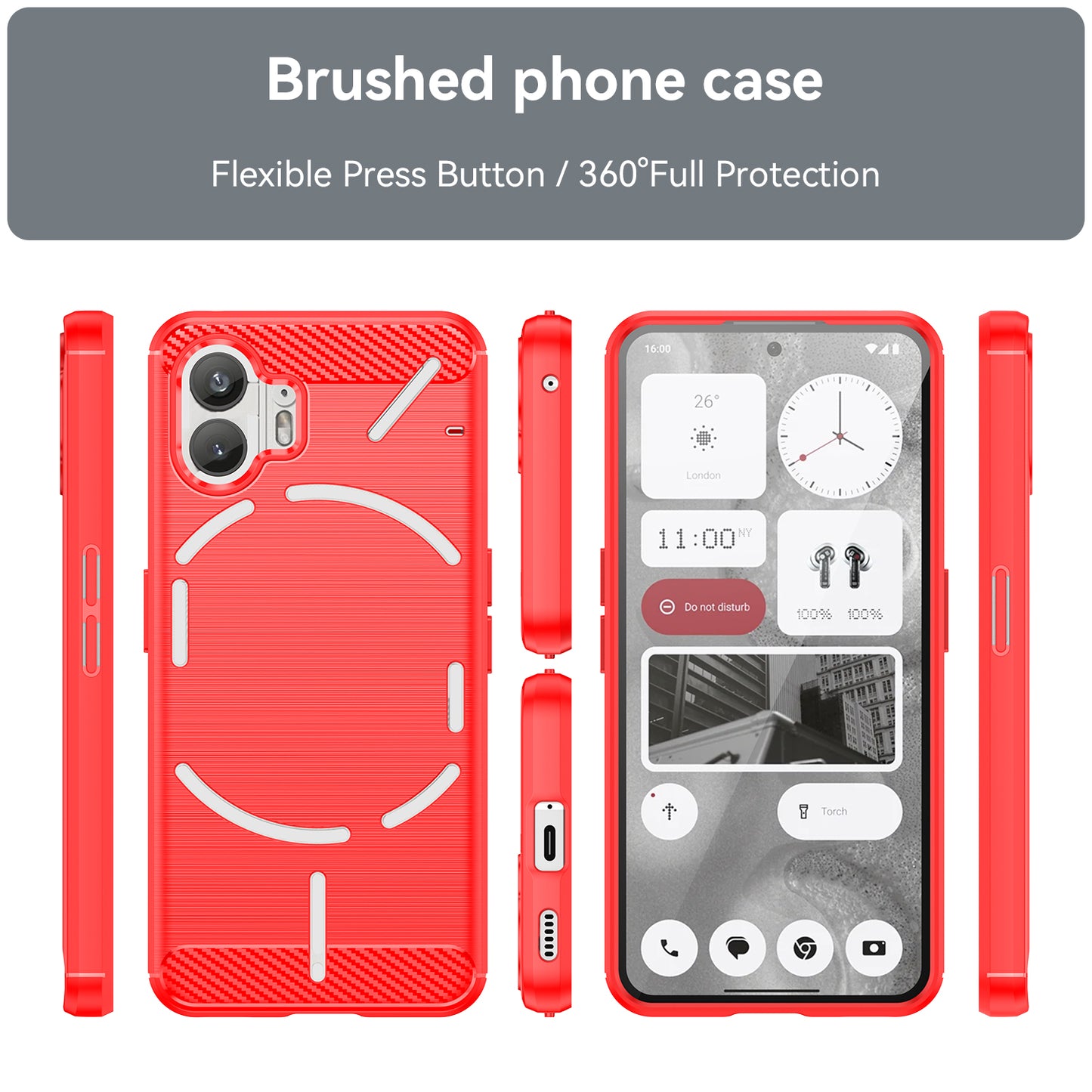 Uniqkart for Nothing Phone (2) Brushed Phone Case Carbon Fiber Texture TPU Back Cover - Red