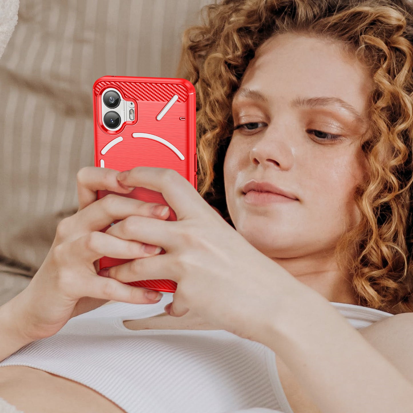 Uniqkart for Nothing Phone (2) Brushed Phone Case Carbon Fiber Texture TPU Back Cover - Red