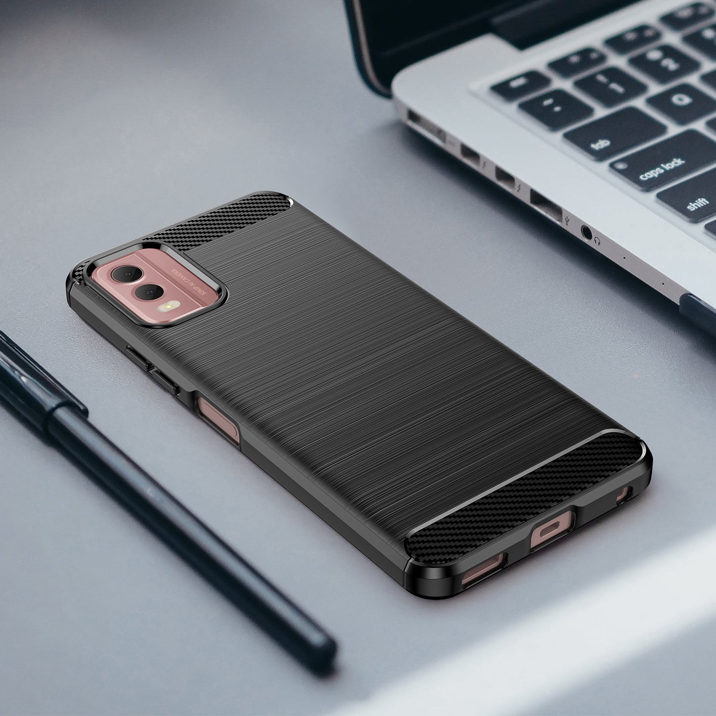 Brushed Soft TPU Phone Case for Nokia C32 , Carbon Fiber Texture Smartphone Cover - Black