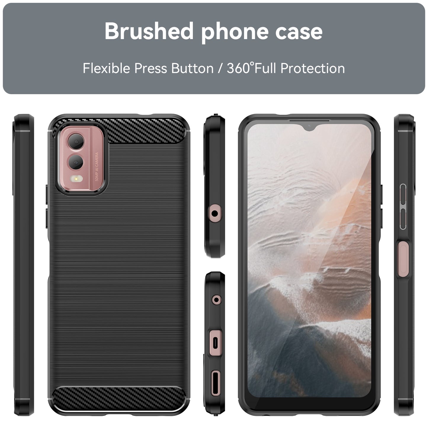 Brushed Soft TPU Phone Case for Nokia C32 , Carbon Fiber Texture Smartphone Cover - Black