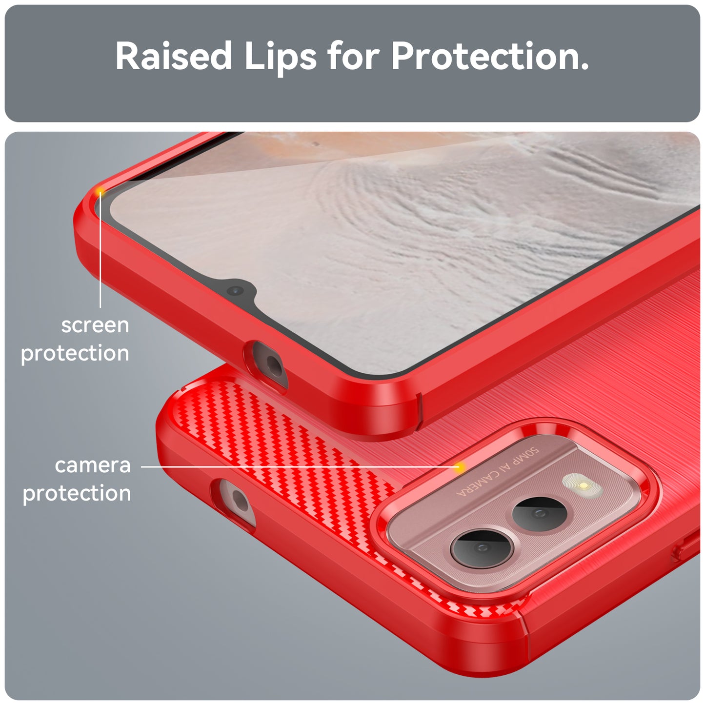 Brushed Soft TPU Phone Case for Nokia C32 , Carbon Fiber Texture Smartphone Cover - Red