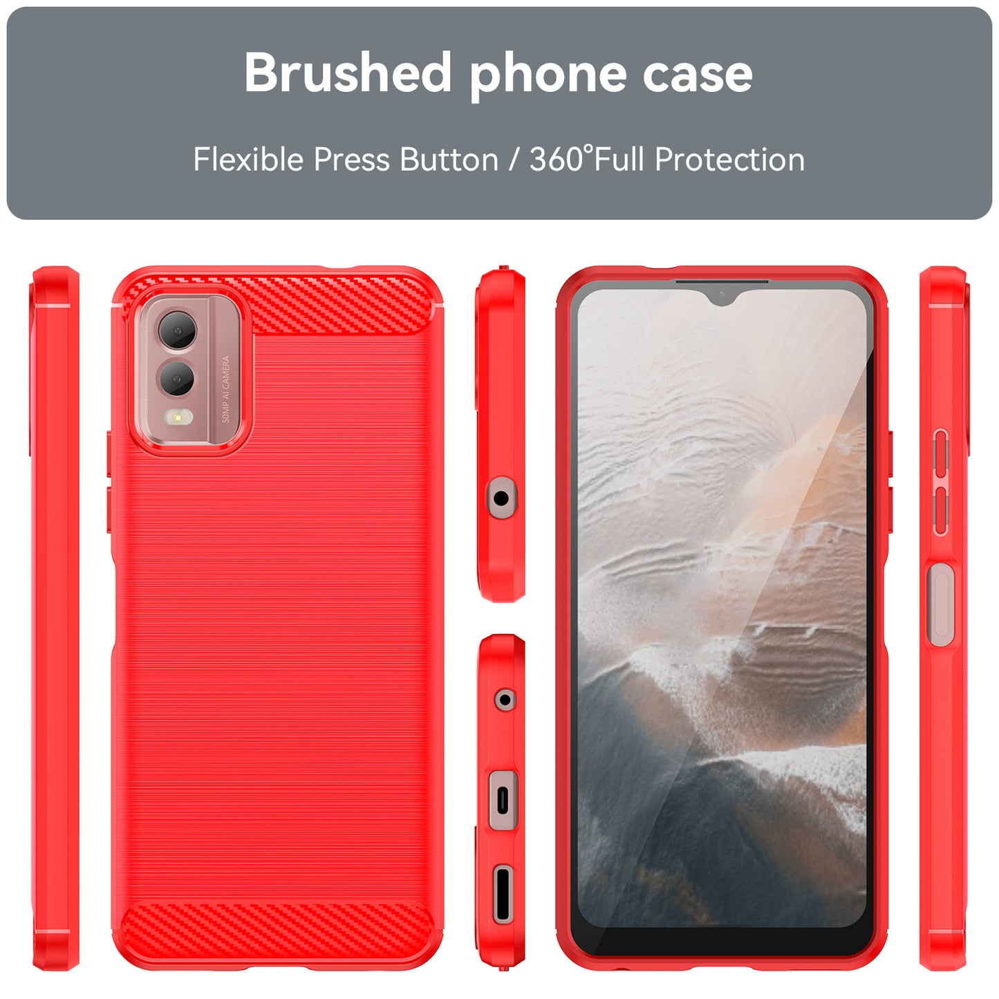Brushed Soft TPU Phone Case for Nokia C32 , Carbon Fiber Texture Smartphone Cover - Red