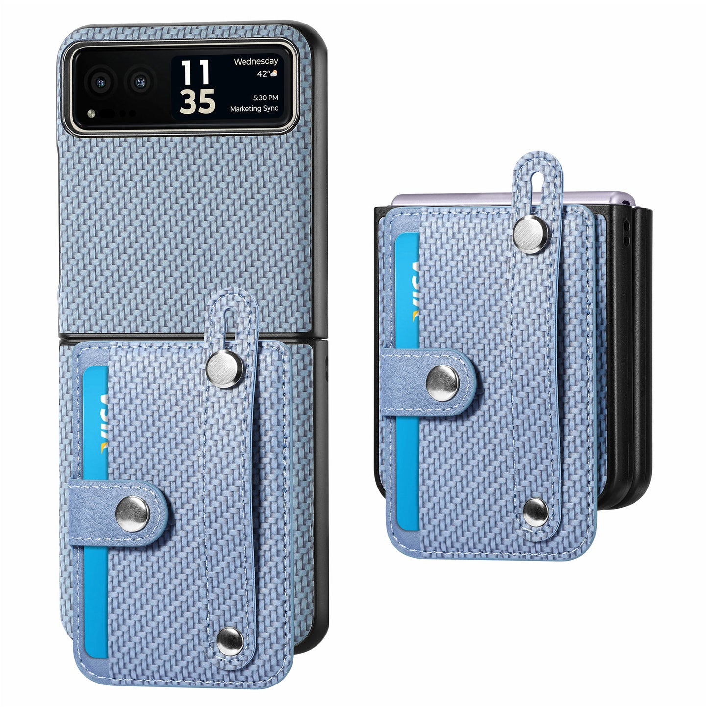 PU Leather+PC Phone Case for Motorola Razr 40 5G , Carbon Fiber Texture Wristband Kickstand Cover - Blue