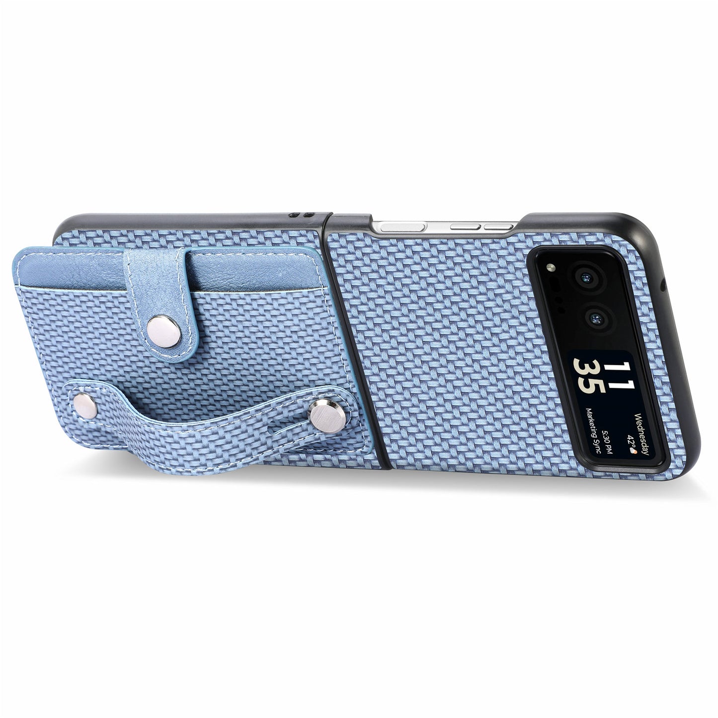 PU Leather+PC Phone Case for Motorola Razr 40 5G , Carbon Fiber Texture Wristband Kickstand Cover - Blue