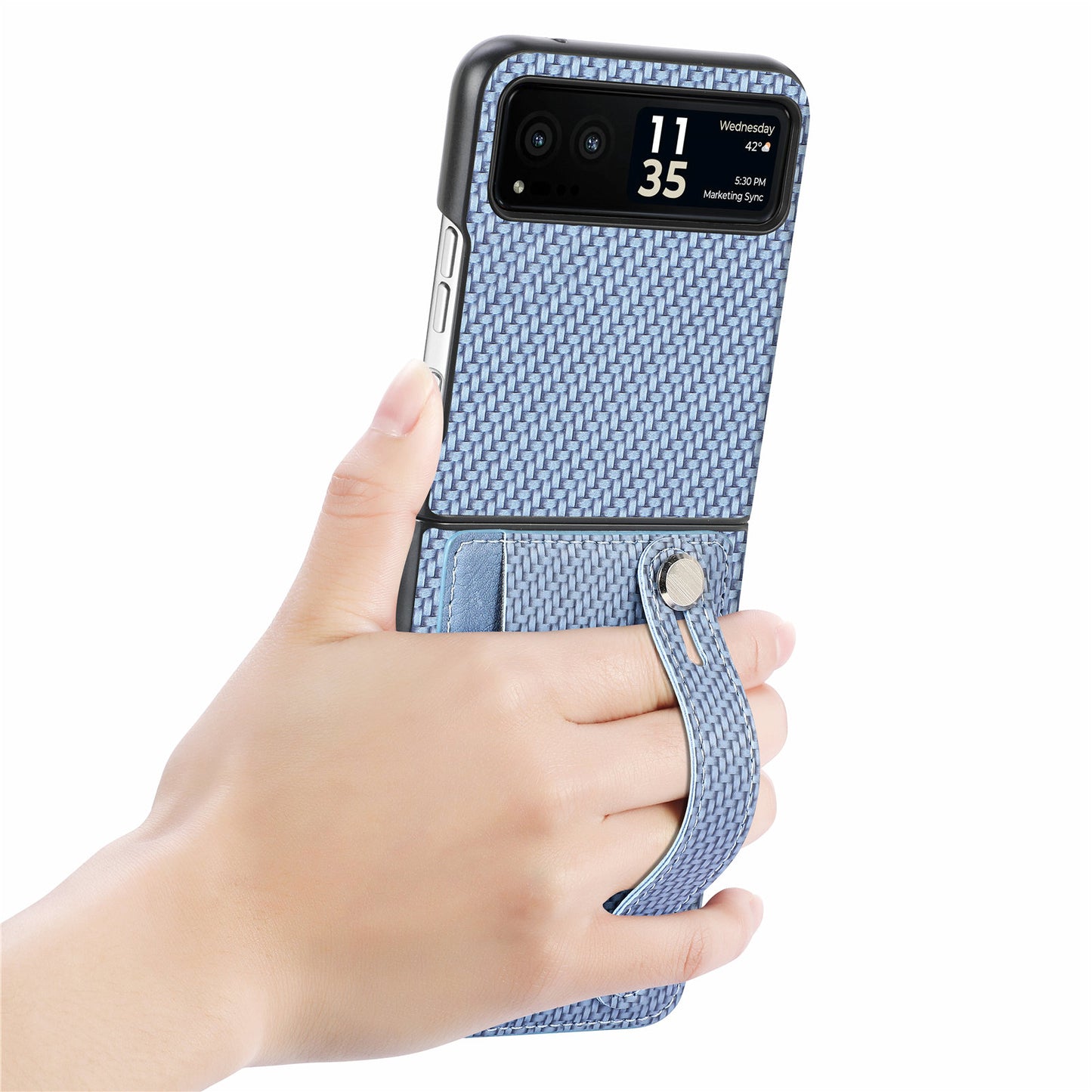 PU Leather+PC Phone Case for Motorola Razr 40 5G , Carbon Fiber Texture Wristband Kickstand Cover - Blue