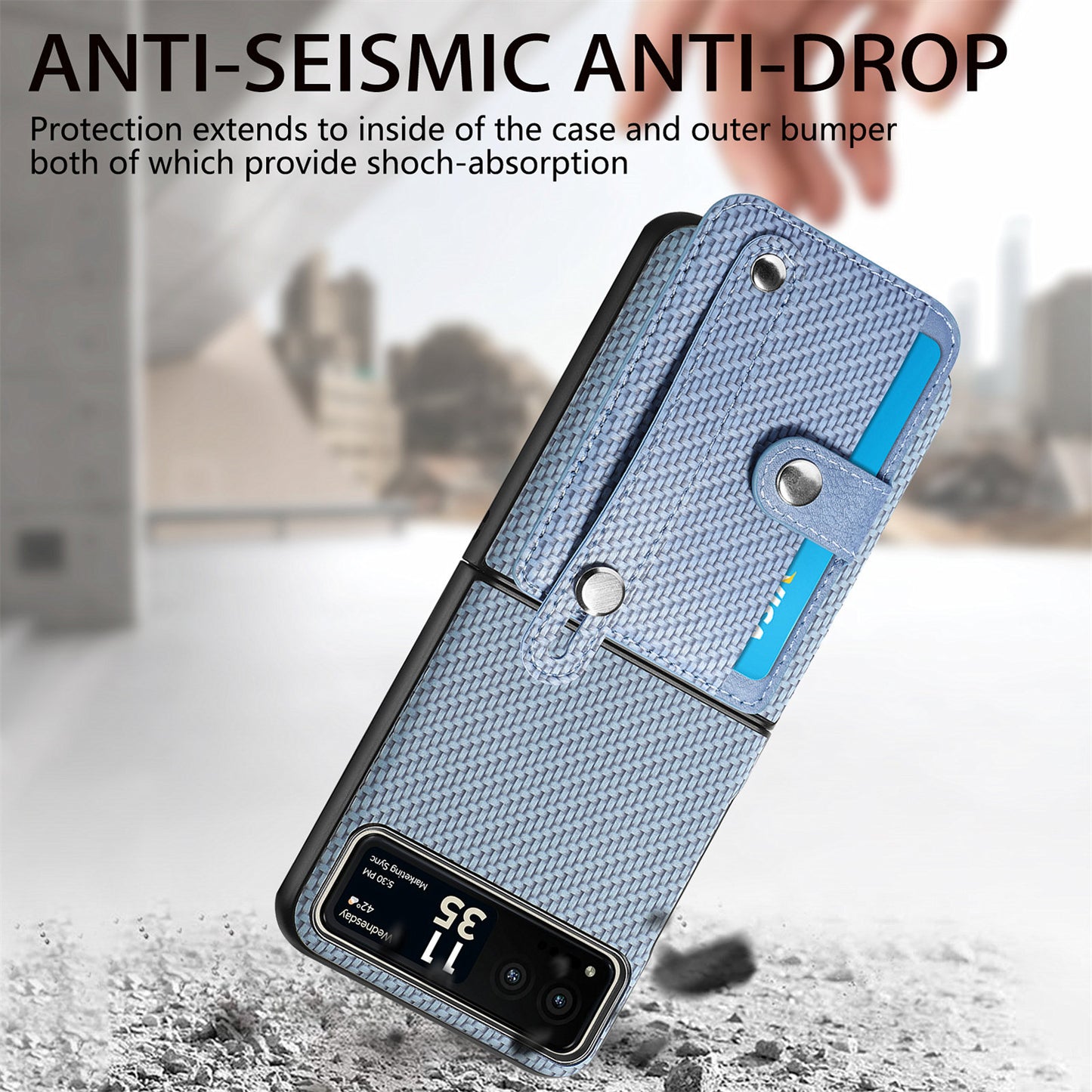 PU Leather+PC Phone Case for Motorola Razr 40 5G , Carbon Fiber Texture Wristband Kickstand Cover - Blue